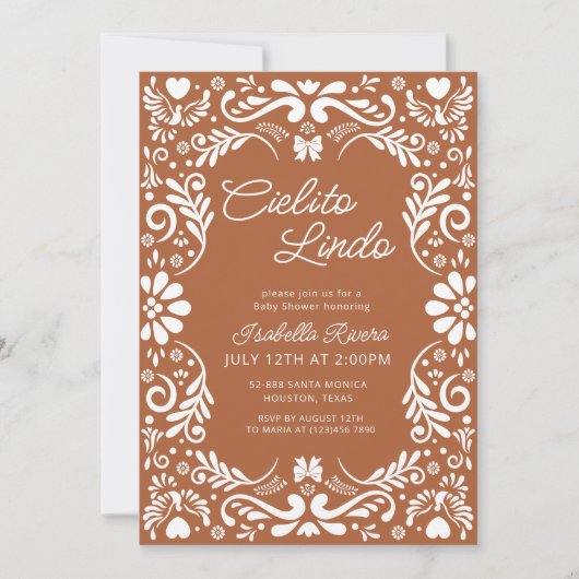 Terracotta Papel Picado Mexican Baby Dusche Einladung (Vorderseite)