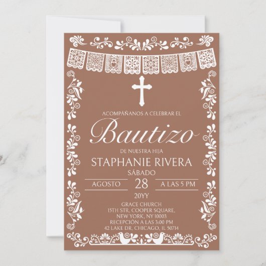 Terracotta Papel Picado Spanish Bautizo Einladung (Vorderseite)