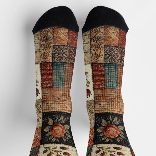 Terracotta Patchwork Quilt Muster Retro Blumenmust Socken (Oben)