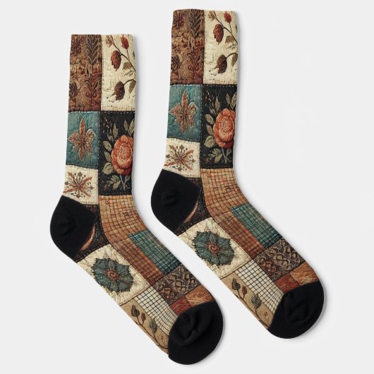 Terracotta Patchwork Quilt Muster Retro Blumenmust Socken (Rechts)