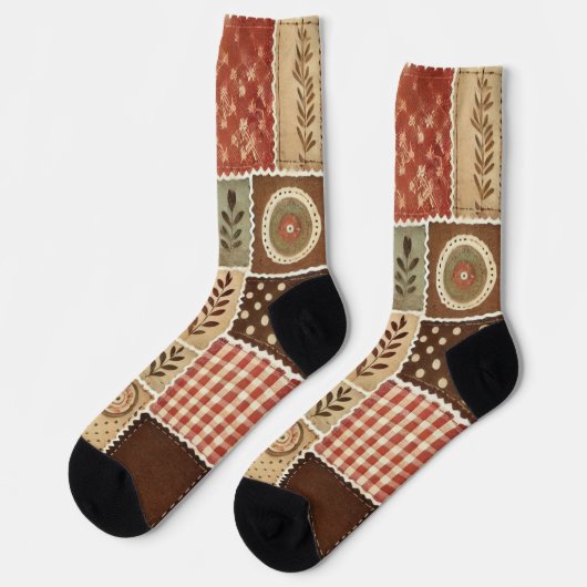 Terracotta Patchwork Quilt Muster Retro Blumenmust Socken (Linkes Detail)