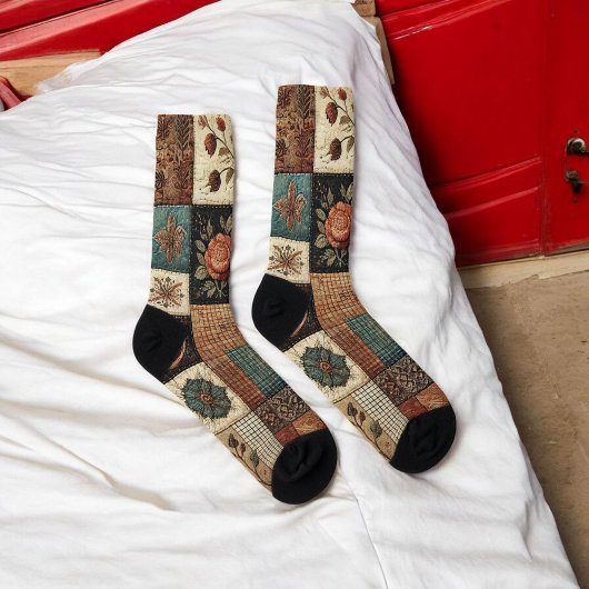 Terracotta Patchwork Quilt Muster Retro Blumenmust Socken