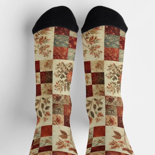 Terracotta Patchwork Quilt Muster Retro Blumenmust Socken (Oben)