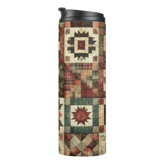 Terracotta Patchwork Quilt Rustic Boho Floral Thermosbecher (Nach rechts gedreht)