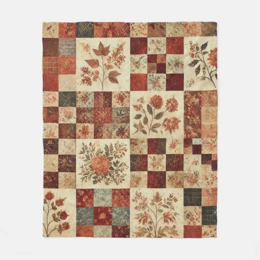 Terracotta Patchwork Quilt Rustic Retro Vintag Fleecedecke (Vorderseite)