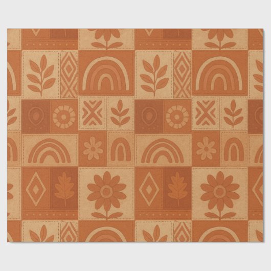 Terracotta Patchwork Quilt Rustikales Bauernhaus Geschenkpapier (Flach)