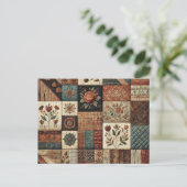 Terracotta Patchwork Quilt Rustikales Blumendesign Postkarte (Stehend Vorderseite)