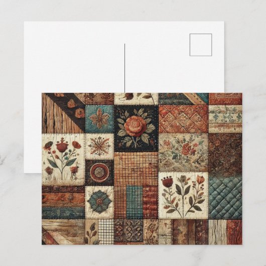 Terracotta Patchwork Quilt Rustikales Blumendesign Postkarte (Vorne/Hinten)