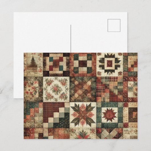 Terracotta Patchwork Quilt Rustikales Blumendesign Postkarte (Vorne/Hinten)