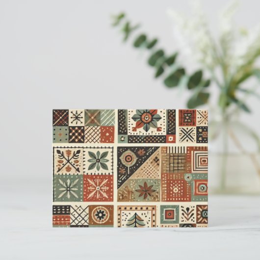 Terracotta Patchwork Quilt Rustikales Blumendesign Postkarte (Stehend Vorderseite)