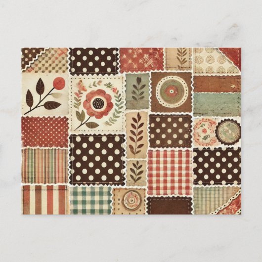 Terracotta Patchwork Quilt Rustikales Blumendesign Postkarte (Vorderseite)
