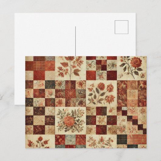 Terracotta Patchwork Quilt Rustikales Blumendesign Postkarte (Vorne/Hinten)
