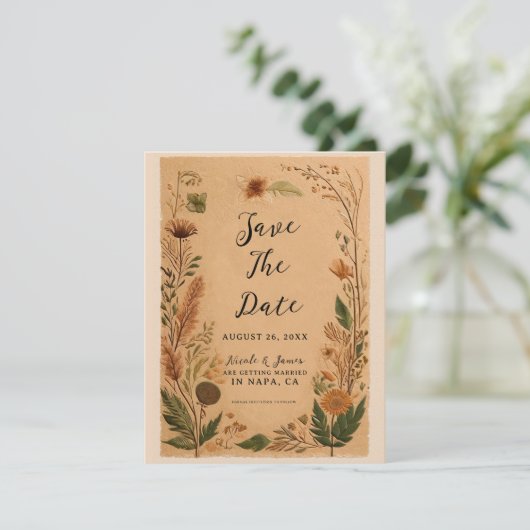 Terracotta Peach Pressed Blume Boho Wedding Einladung (Stehend Vorderseite)