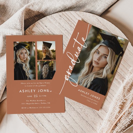 Terracotta Photo Collage Graduate Graduation Party Einladung