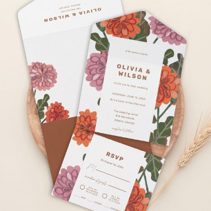 Terracotta & pink floral earth tone wedding all in one einladung