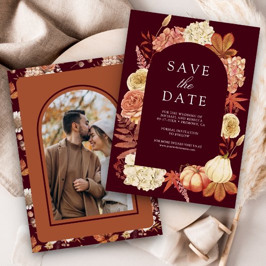 Terracotta Pumpkin Floral Burgundy Wedding Save The Date