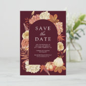 Terracotta Pumpkin Floral Burgundy Wedding Save The Date (Stehend Vorderseite)