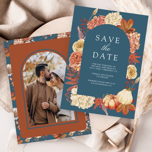 Terracotta Pumpkin Floral Dusty Blue Wedding Save The Date