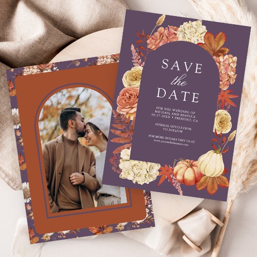 Terracotta Pumpkin Floral Dusty Purple Wedding Save The Date