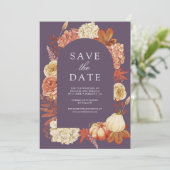 Terracotta Pumpkin Floral Dusty Purple Wedding Save The Date (Stehend Vorderseite)