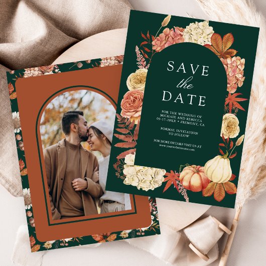 Terracotta Pumpkin Floral Emerald Green Wedding Save The Date