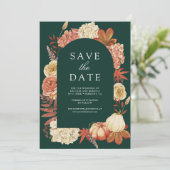 Terracotta Pumpkin Floral Emerald Green Wedding Save The Date (Stehend Vorderseite)