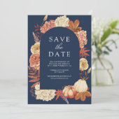 Terracotta Pumpkin Floral Navy Blue Wedding Save The Date (Stehend Vorderseite)