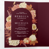 Terracotta Pumpkin Floral QR Code Burgundy Wedding Dreifach Gefaltete Einladung (Innen Erste Seite)