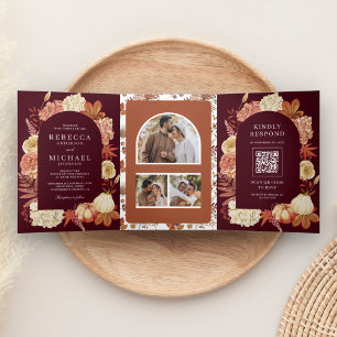 Terracotta Pumpkin Floral QR Code Burgundy Wedding Dreifach Gefaltete Einladung