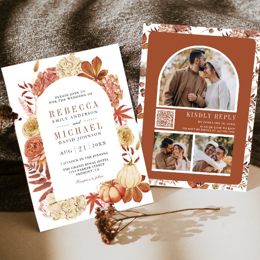 Terracotta Pumpkin Floral QR Code Wedding Einladung