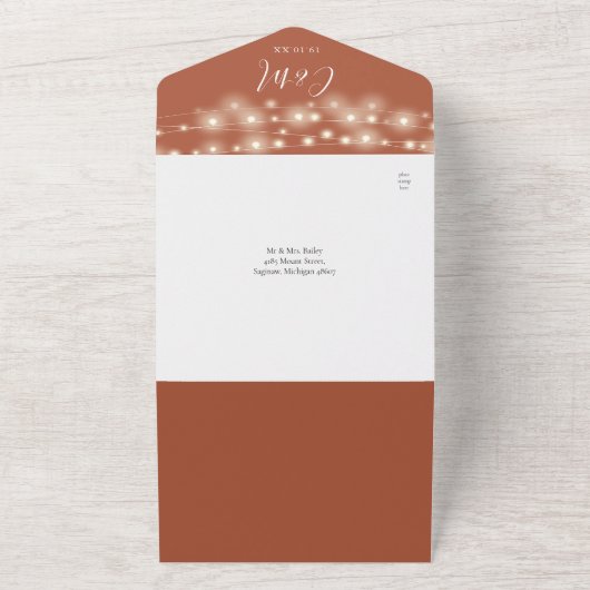 Terracotta QR Code Mason Jar String Lights Wedding All In One Einladung (Außenbereich)