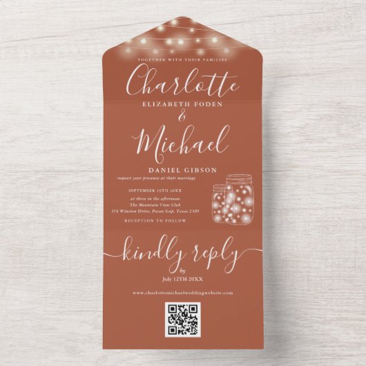Terracotta QR Code Mason Jar String Lights Wedding All In One Einladung (Innen Boden)