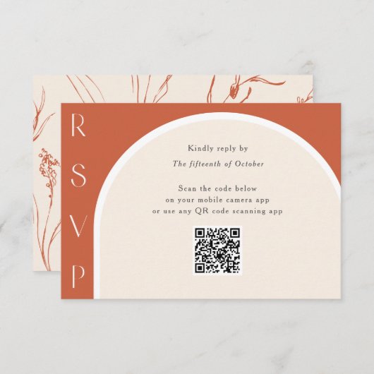 Terracotta QR Code Modern Arch Wedding online RSVP Karte (Vorne/Hinten)