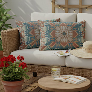 Terracotta Red Brown Beige Aquamarines blaues Trib Kissen Für Draußen