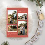 Terracotta Retro Boho Minimalistisch Vier Foto Feiertagskarte<br><div class="desc">Diese Terracotta Retro Boho Minimalistisch Four Foto Holiday Card Design bietet einen sanften und warmen Hintergrund gedämpfter Rot mit einer eleganten Paarung von einfachen Typografie und zarten Drehbüchern, die die Grußzeiten der Saison "Frohe Weihnachten" oder "Merry and Bright" anbieten. Dieser minimalistische Stil ist eine perfekt gepflegte Ästhetik für Ihre Lieben,...</div>