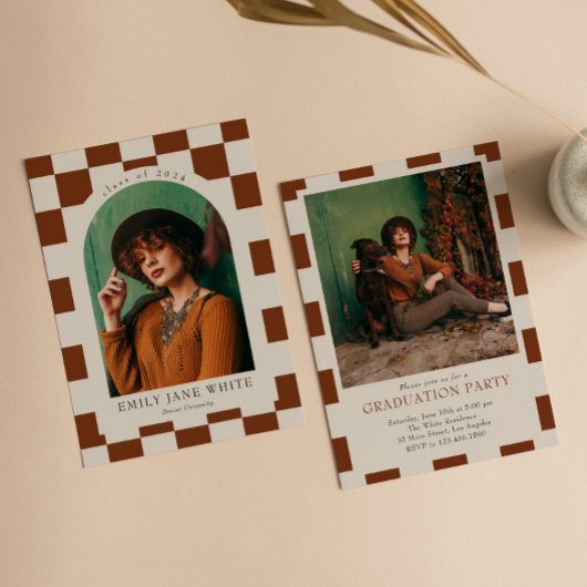 Terracotta Retro Checkered Arch Foto Abschluss Einladung