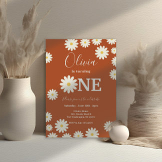 Terracotta Retro Daisy Floral 1. Geburtstag Party Einladung