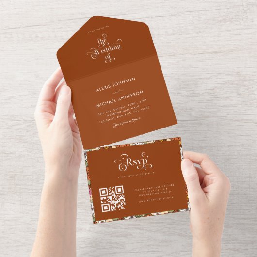 Terracotta Retro Groovy Hippie Floral & Typografie All In One Einladung (Abreißen)