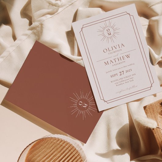 Terracotta Retro Mid Century 70er Monogram Wedding Einladung