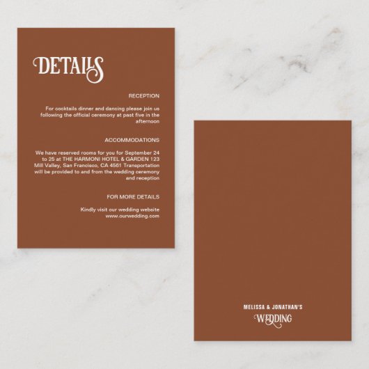 Terracotta Retro Thin Script Wedding Details Begleitkarte (Vorne/Hinten)