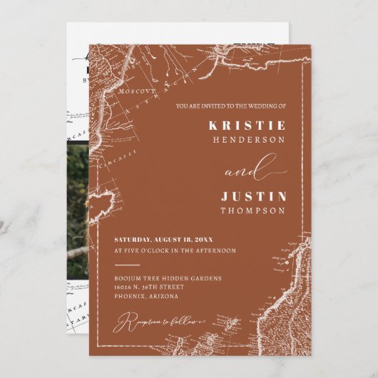 Terracotta Retro Travel QR Code Foto Wedding Einladung (Vorne/Hinten)