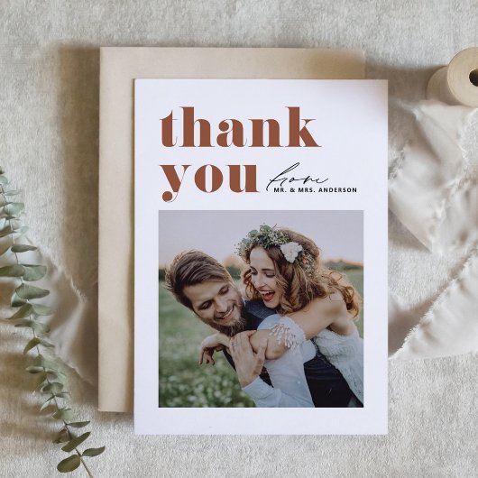 Terracotta Retro Typografie Modernes Foto Hochzeit Dankeskarte