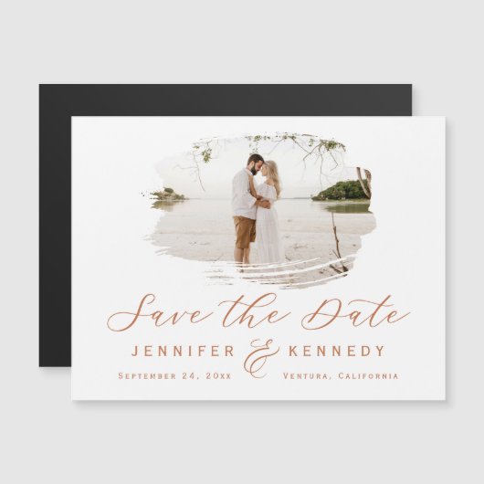 Terracotta Romantic Brushed Foto Save the Date Magneteinladung (Vorne/Hinten)