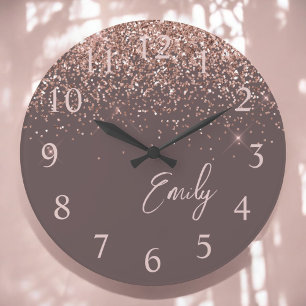 Terracotta Rose Gold Blush Pink Glitzer Monogram Große Wanduhr