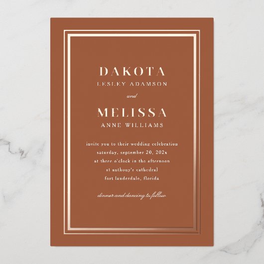 Terracotta & Rose Gold Modernes Foto Hochzeit Folieneinladung (Vorderseite)