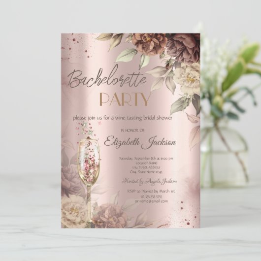 Terracotta Rose Wine Glass Junggeselinnen-Abschied Einladung (Stehend Vorderseite)