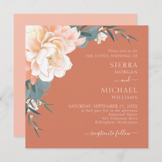 Terracotta Rost Blush Peach Gold Floral Wedding in Einladung (Vorne/Hinten)