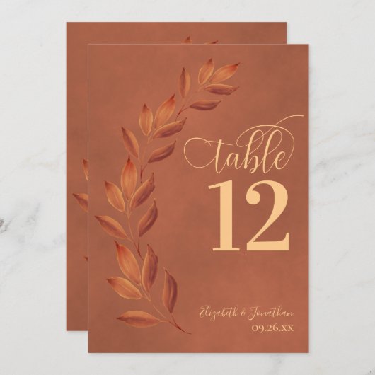 Terracotta Rost Orange Blätter Moderne Tischnummer (Vorne/Hinten)