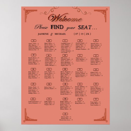 Terracotta Rust Alphabetical Wedding Seating Chart Poster (Vorne)