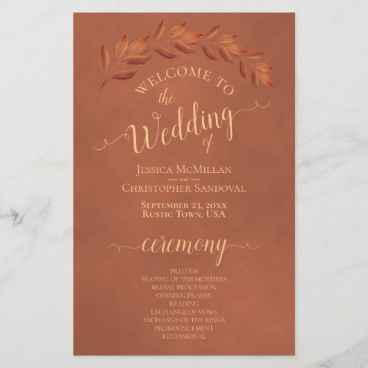 Terracotta & Rust Blätter Budget Hochzeitsprogramm (Vorderseite)
